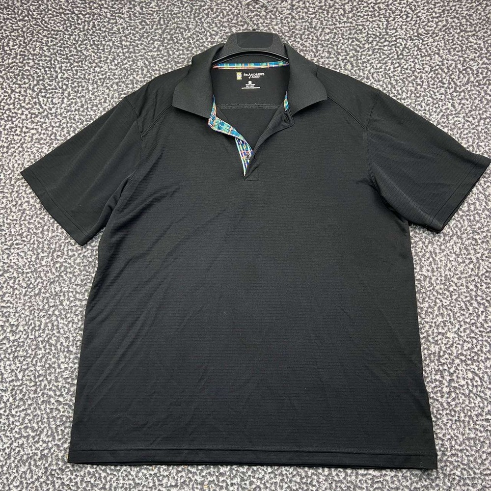St Andrews of Scotland Polo Shirt Men Large Black Short Sleeve Golf Plaid L